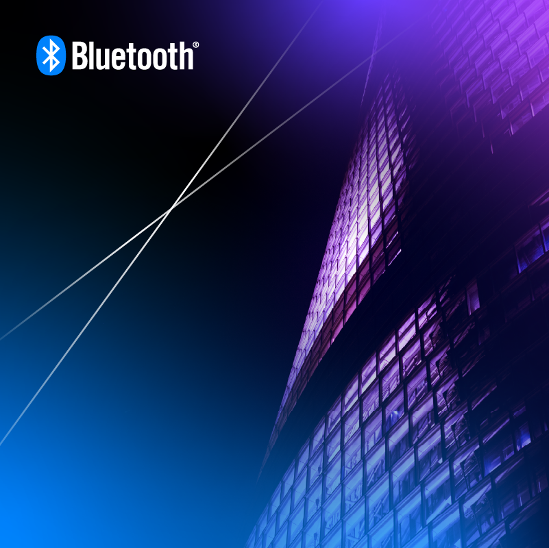 Futuristic Bluetooth logo above a modern high-rise, symbolizing technology and urban innovation.